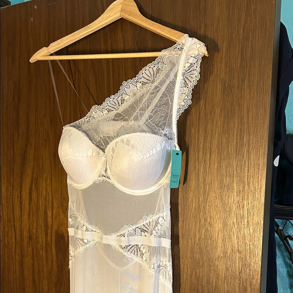 Frederick's of Hollywood White Lace One-Shoulder Chemise